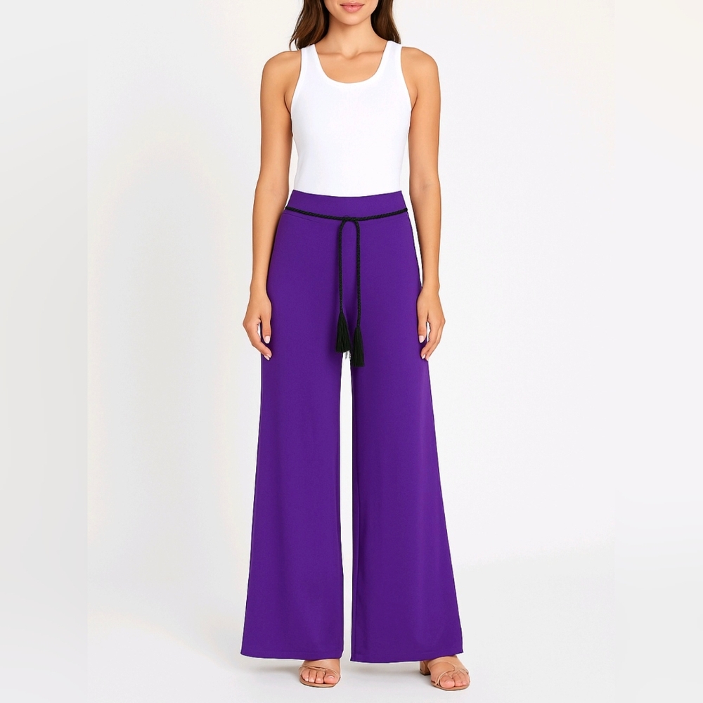 Ralph Lauren Women's Pants Purple Wide Leg Pull On Stretch Tassel Belt S…